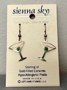 Sienna Sky Silver Martini Glass Earrings with Green and Red Olive